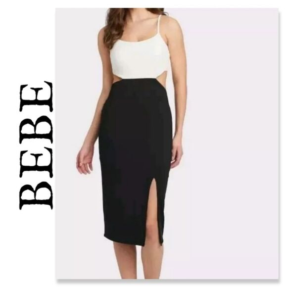 NWT Bebe Side Cut Out Midi Slit Dress - Black And White - Picture 1 of 9